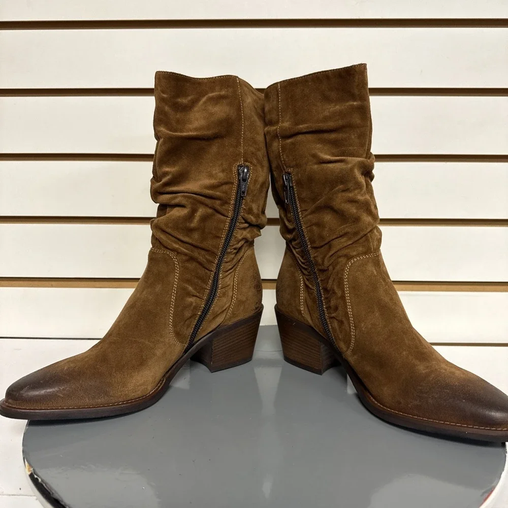 Donna Carolina Boot Slouch Nubuck Suede Leather‎ Cowgirl Western Side Zip 36.5